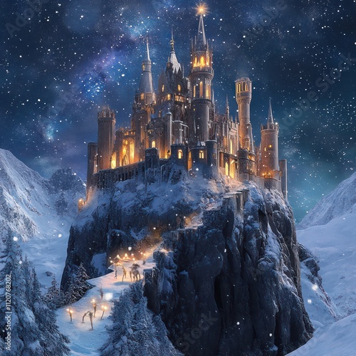Animation of a magical castle located on top of a snowy mountain.