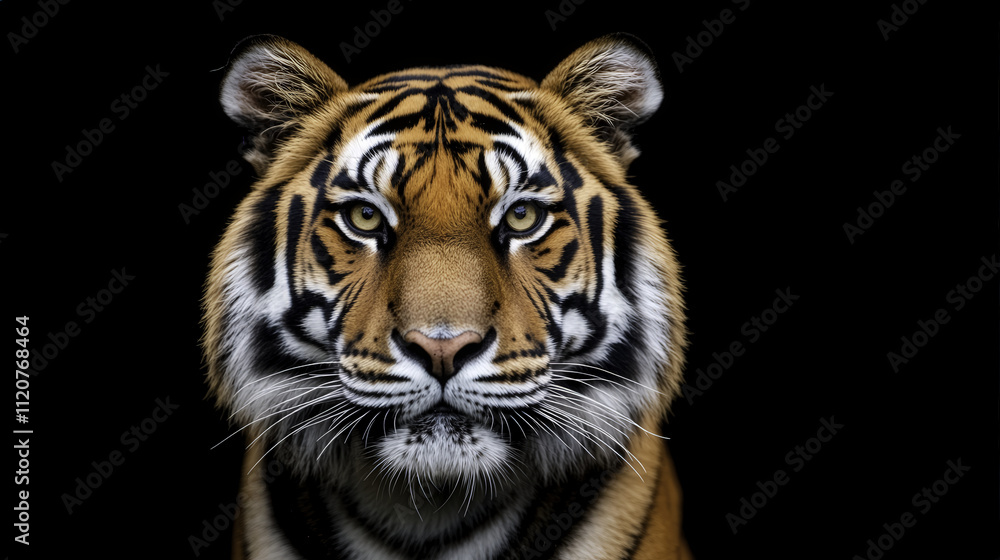 close up shot of tiger showcasing its striking features, including sharp whiskers and intense eyes, set against dark background. image captures majestic beauty of this wild animal close up shot of tiger showcasing its striking features, including sharp whiskers and intense eyes, set against dark background. image captures majestic beauty of this wild animal