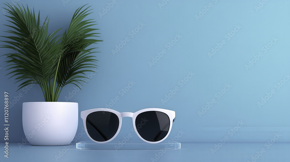Stylish designer sunglasses on transparent podium with green plant. Perfect for summer fashion and outdoor activities, adding modern touch to any look Stylish designer sunglasses on transparent podium with green plant. Perfect for summer fashion and outdoor activities, adding modern touch to any look