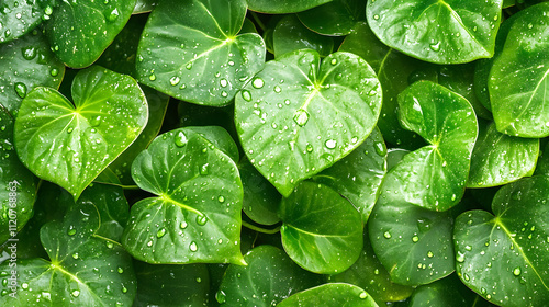 Green leaves, with water droplets on the leaves. Nature leaves, green tropical forest, background concept