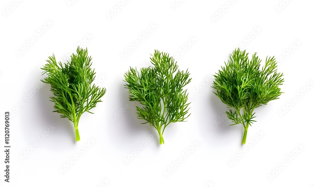 Fototapeta premium Fresh dill sprigs arranged in a row against a white background.