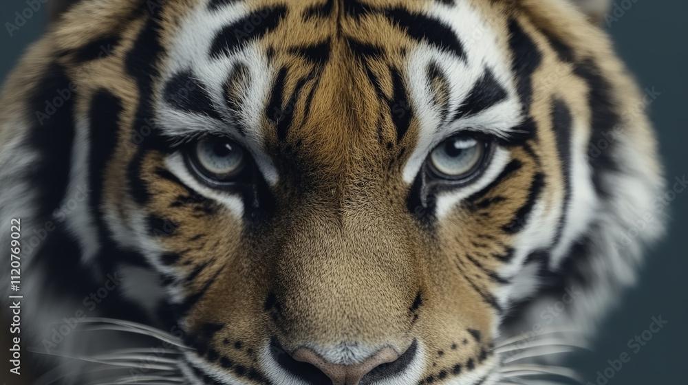 Fototapeta premium close up view of tiger face, showcasing its striking features and intense gaze. intricate patterns of its fur and piercing eyes evoke sense of majesty and power