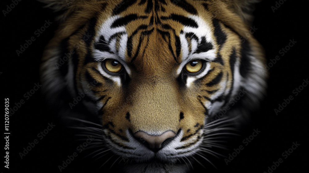 majestic close up of tiger face, showcasing its striking features and intense gaze. intricate details of its fur and piercing eyes evoke sense of power and beauty majestic close up of tiger face, showcasing its striking features and intense gaze. intricate details of its fur and piercing eyes evoke sense of power and beauty