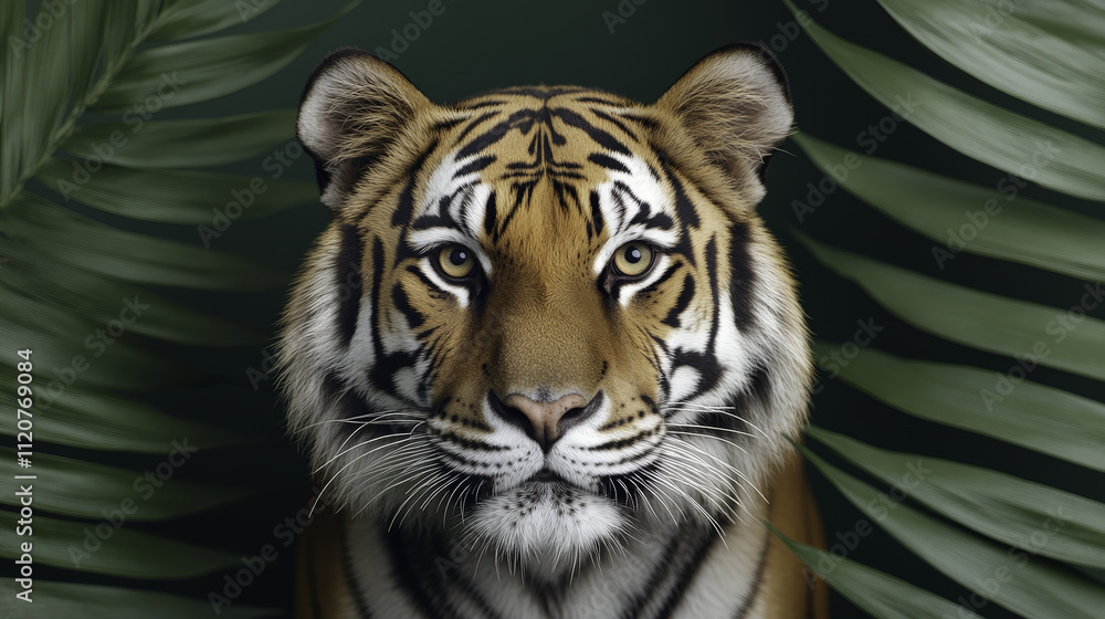 Fototapeta premium dramatic close up of tiger surrounded by lush green leaves, showcasing its striking features and intense gaze. image captures majestic beauty of this powerful animal