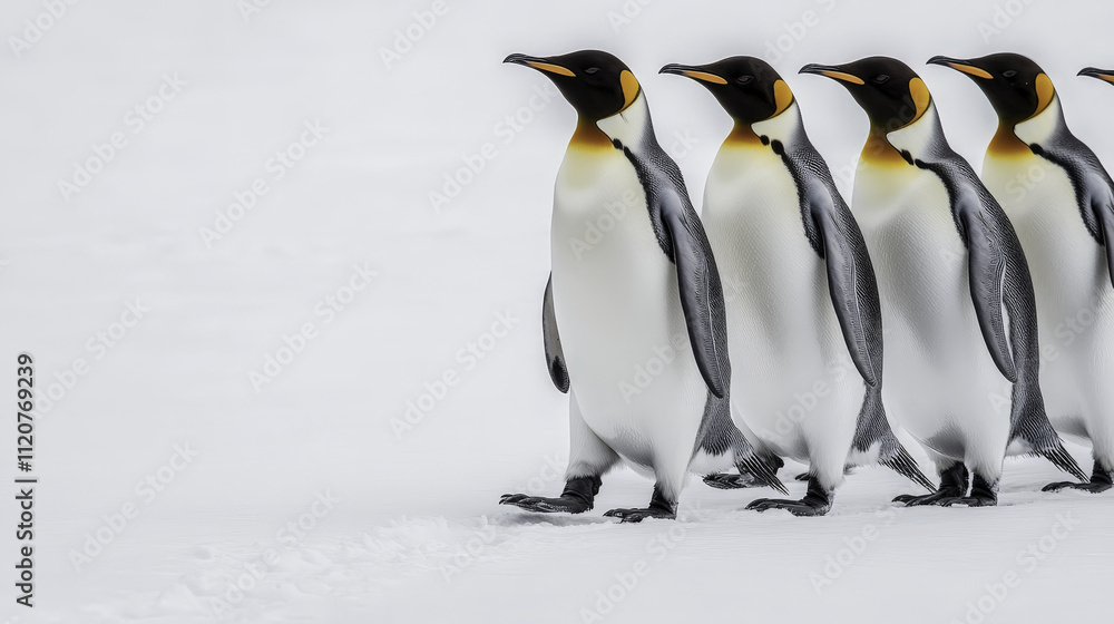Obraz premium group of penguins walking in line across snow, showcasing their elegant posture and distinctive colors. scene captures beauty of nature and charm of these birds