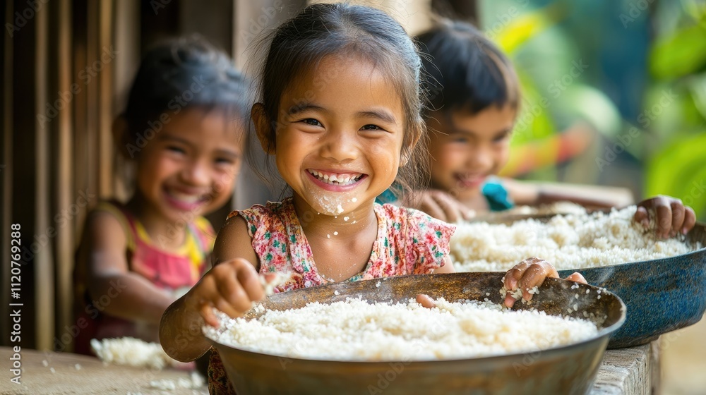Three happy children joyfully eating rice from bowls.