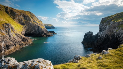 Beautiful coastal landscape with rugged cliffs and blue sea