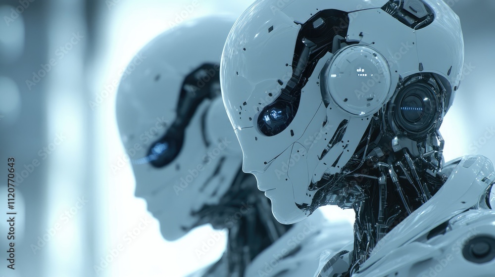 Fototapeta premium Two futuristic white robots with glowing blue eyes, detailed mechanical design.