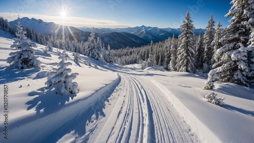 Snowy Mountain Trail with Pine Trees and Sunlit Peaks on a Clear Winter Day