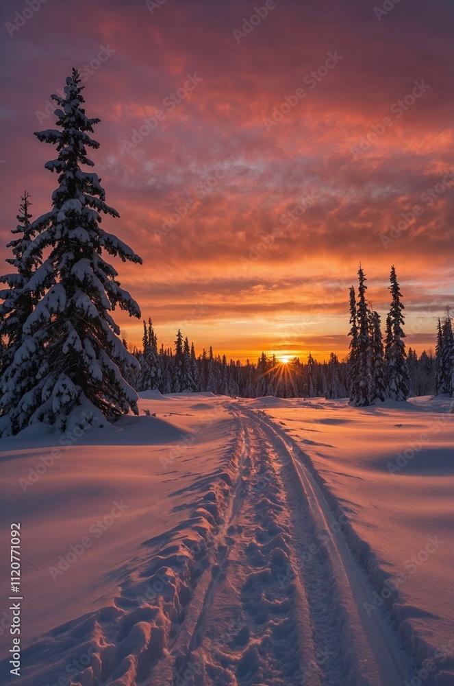 Snowy Trail Through Winter Forest at Sunset with Vibrant Sky Snowy Trail Through Winter Forest at Sunset with Vibrant Sky