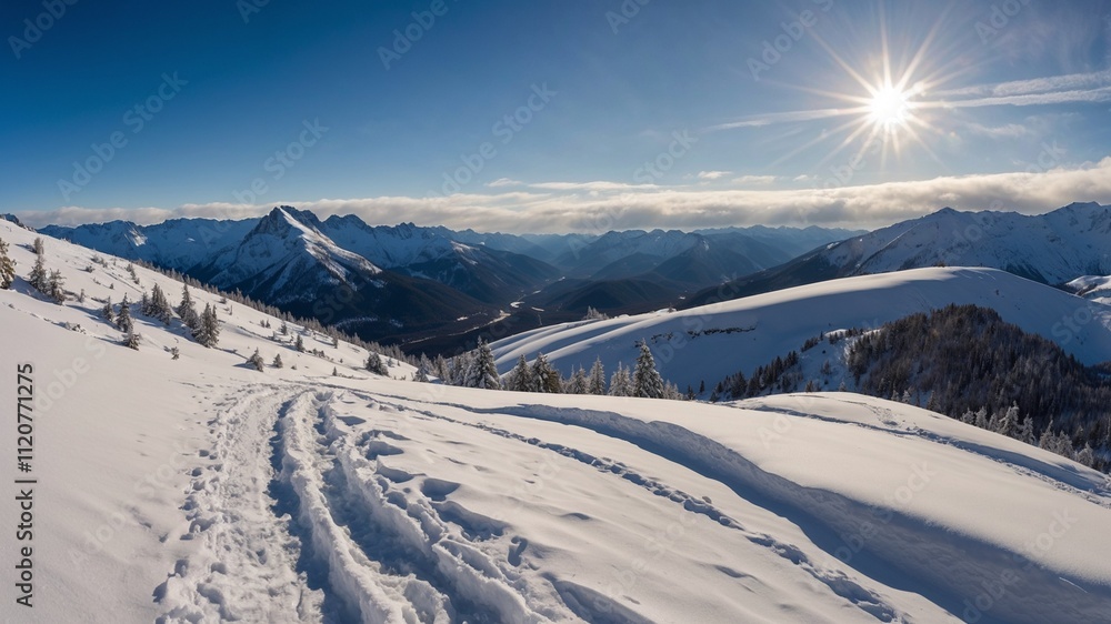Snowy Mountain Landscape with Scenic Trails and Sunlit Peaks Snowy Mountain Landscape with Scenic Trails and Sunlit Peaks