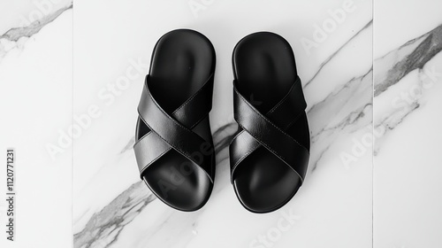 Black Slide Sandals on a Marble Surface, Ideal for Summer Fashion, Casual Wear, or Relaxation, Showcasing Stylish and Comfortable Footwear for Modern Trends photo