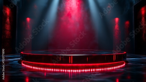 Circular podium made of polished black glass, with a red spotlight shining from above, creating a dramatic effect.