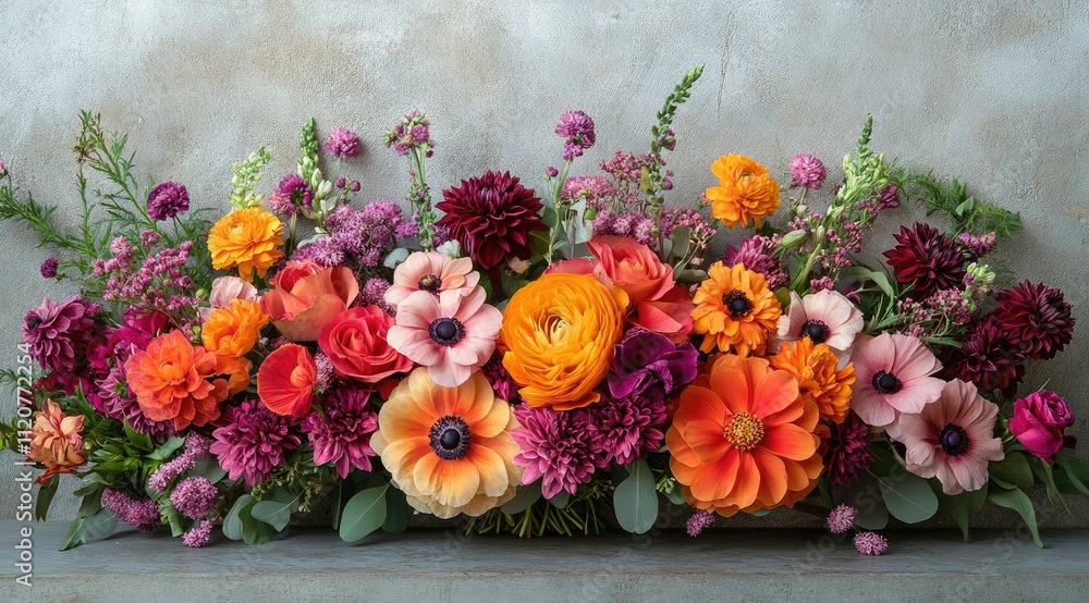Vibrant floral arrangement with orange, pink, and purple flowers. Vibrant floral arrangement with orange, pink, and purple flowers.