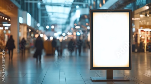 Blank Advertising Board in Modern Shopping Mall Interior with Soft Natural Light