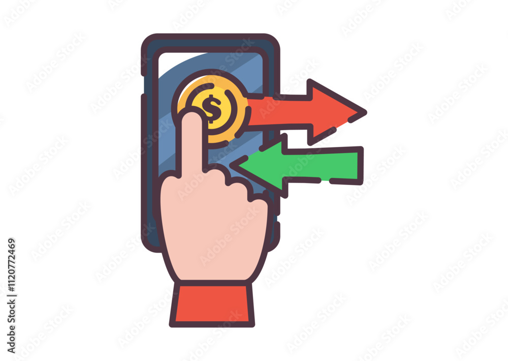 Money transfer on mobile icon illustration. Flat line color icon of illustration of a hand interacts with a smartphone, indicating the process of sending and receiving money. Colored outline icon. Money transfer on mobile icon illustration. Flat line color icon of illustration of a hand interacts with a smartphone, indicating the process of sending and receiving money. Colored outline icon.