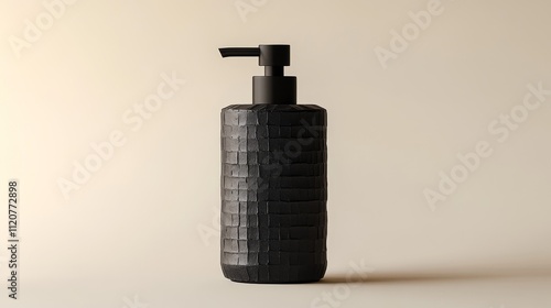 A high-quality rendering of a black cylindrical moisturizer dispenser, with a surface texture resembling plaster or concrete, matte or semi gloss treatment, placed on a clean neutral color background photo