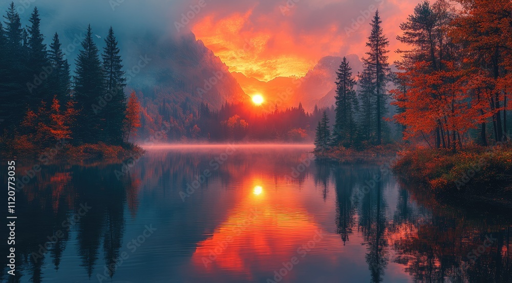 Vibrant sunrise over a calm lake, reflecting fiery colors amongst autumnal trees and misty mountains. Vibrant sunrise over a calm lake, reflecting fiery colors amongst autumnal trees and misty mountains.
