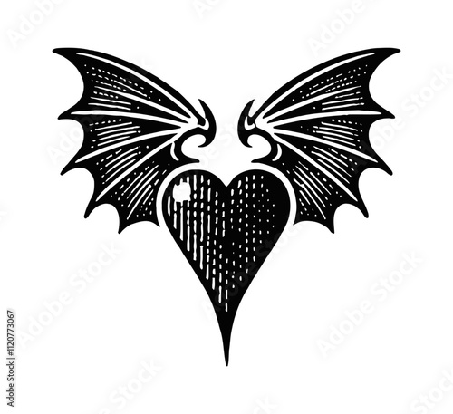 love shape bat wing devil engraving black and white outline