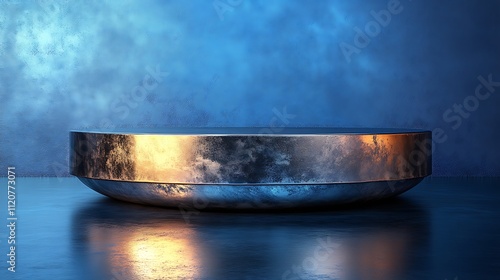 Circular podium with a brushed metal finish, casting soft reflections against a deep blue gradient background.