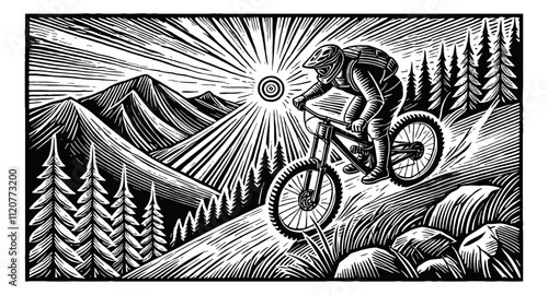 mountain biker riding downhill engraving black and white outline