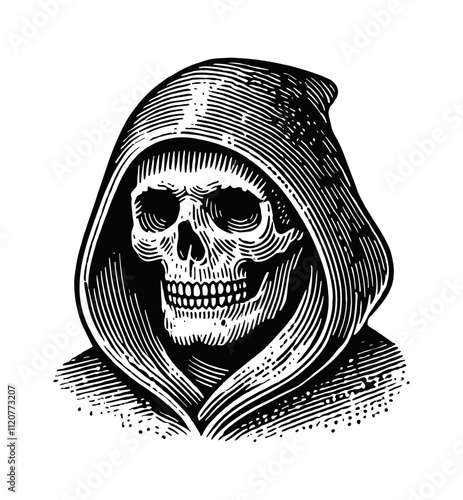 hooded skull engraving black and white outline