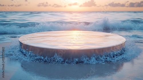 Circular podium with a reflective surface, placed on a sandy beach with waves gently crashing against its base.