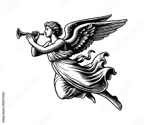 angel flying play trumpet engraving black and white outline