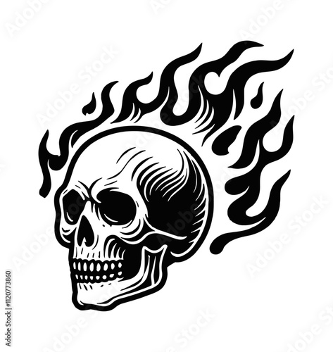 skull fire flame engraving black and white outline