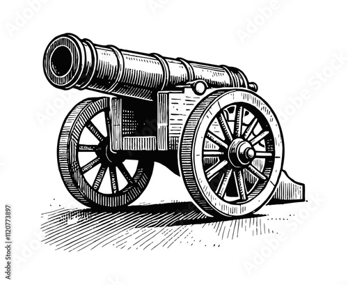 retro cannon engraving black and white outline