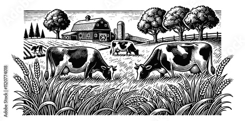 dairy cows grazing in a field landscape engraving black and white outline