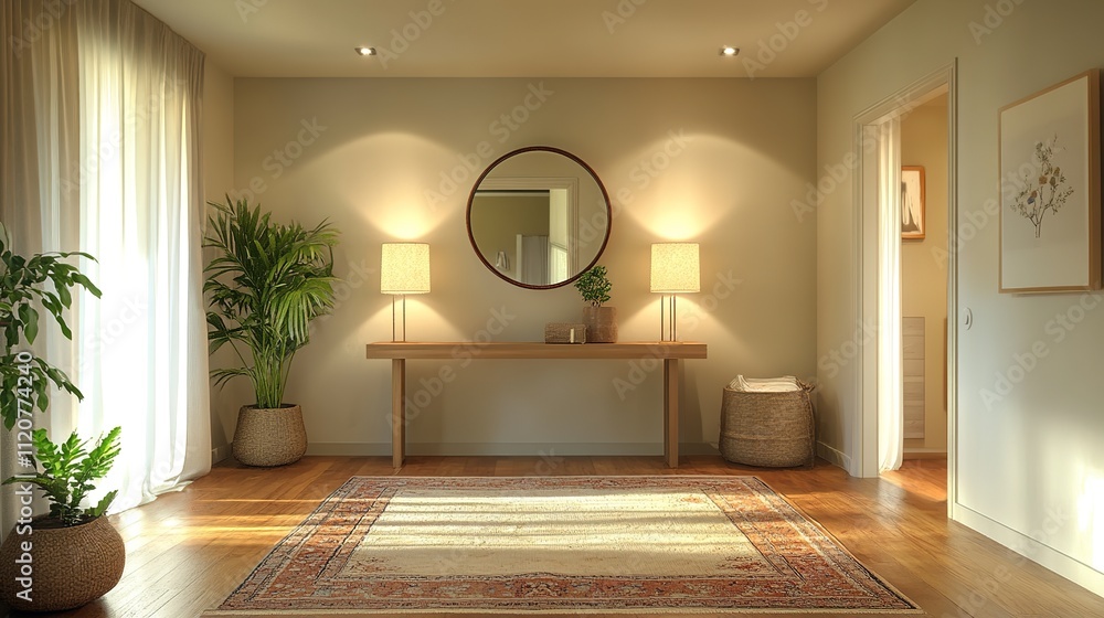 Fototapeta premium urban modern entryway with a minimalist console table, chic mirror, and stylish floor rug