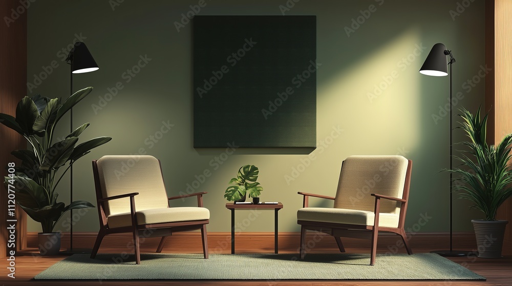 Podcast Setup with Armchairs Plants and Artwork Podcast Setup with Armchairs Plants and Artwork