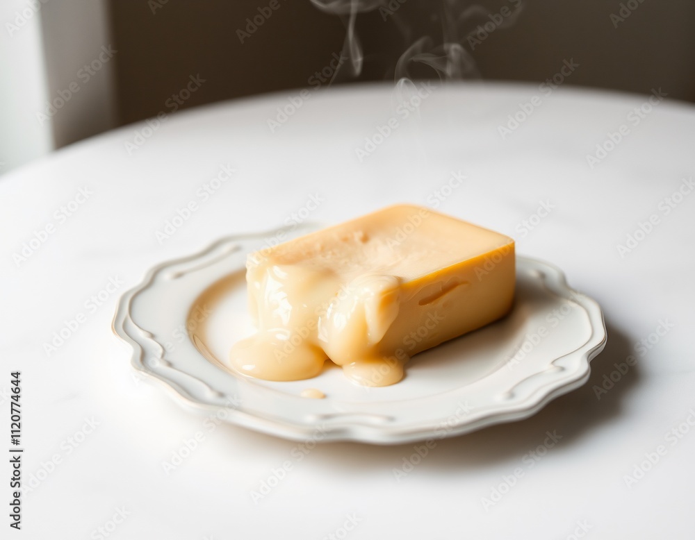 Melted cheese block on plate, steaming. Melted cheese block on plate, steaming.