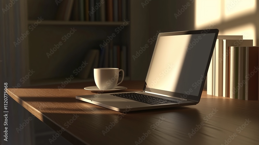 Laptop and Coffee on Wooden Desk in Home Office Laptop and Coffee on Wooden Desk in Home Office