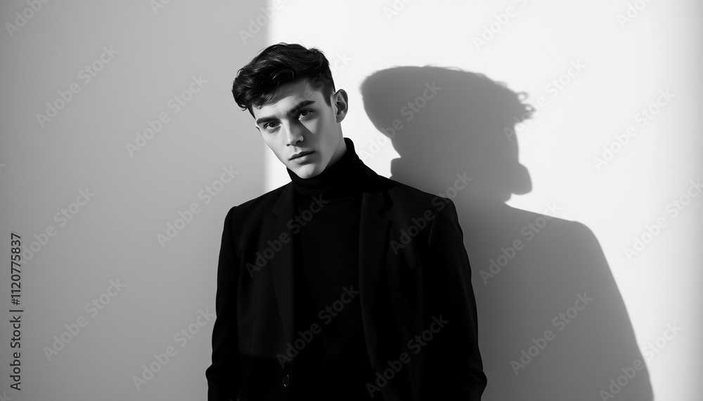 Monochrome portrait of a young man in a turtleneck and blazer, standing against a wall with his shadow cast beside him. Monochrome portrait of a young man in a turtleneck and blazer, standing against a wall with his shadow cast beside him.