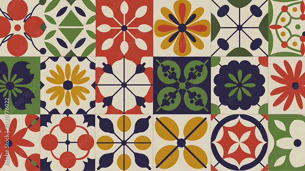 Fototapeta premium Folk art-inspired tiles with hand-drawn patterns in vibrant reds, blues, and yellows.