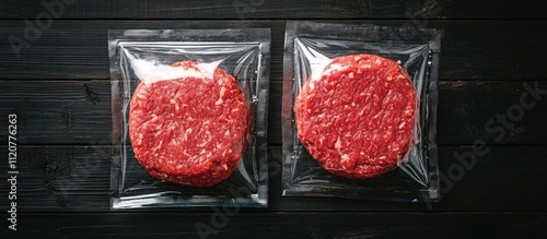 Two raw beef patties in vacuum sealed packaging on dark wood.