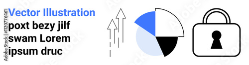 Arrows indicating growth, a pie chart with segments, and a padlock. Ideal for data analysis, statistical representation, security concepts, technology, digital marketing, financial growth research