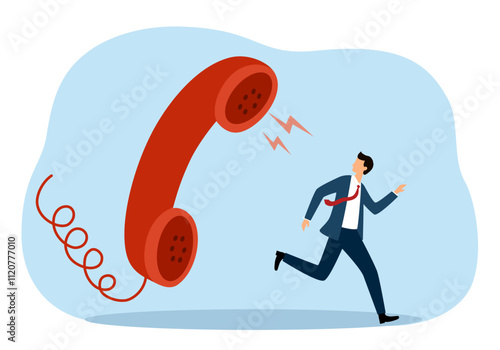 Customer complaint, dissatisfaction from service problem, angry feedback from client concept, customer service staff running away from furious complain telephone from customer or client.