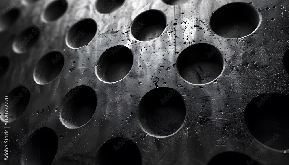 Abstract Pattern of Circular Cutouts on a Dark Metal Surface Abstract Pattern of Circular Cutouts on a Dark Metal Surface
