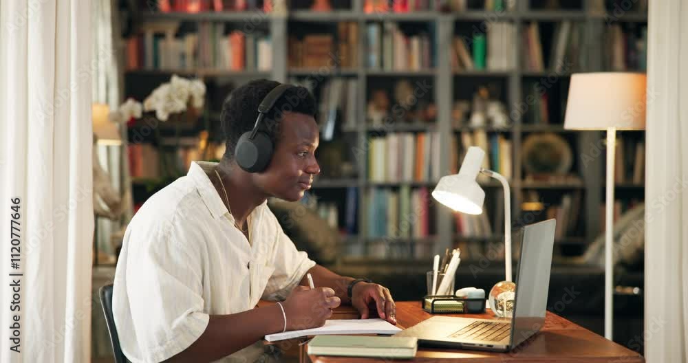 Books, library and man with headphones on laptop for online learning, studying and education. School, university and person listen to music on computer for research, assignment and project at night Books, library and man with headphones on laptop for online learning, studying and education. School, university and person listen to music on computer for research, assignment and project at night