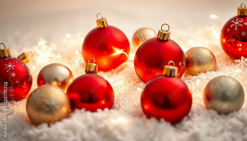 Red and gold Christmas baubles on snowy surface with fairy lights. Red and gold Christmas baubles on snowy surface with fairy lights.