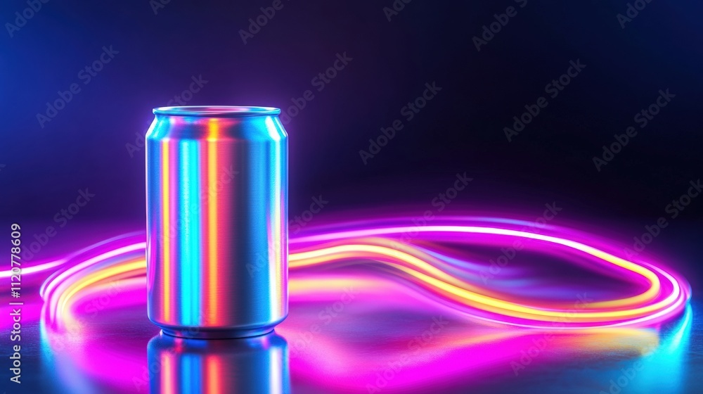 Colorful Neon Light Trails Surrounding Metallic Drink Can Colorful Neon Light Trails Surrounding Metallic Drink Can