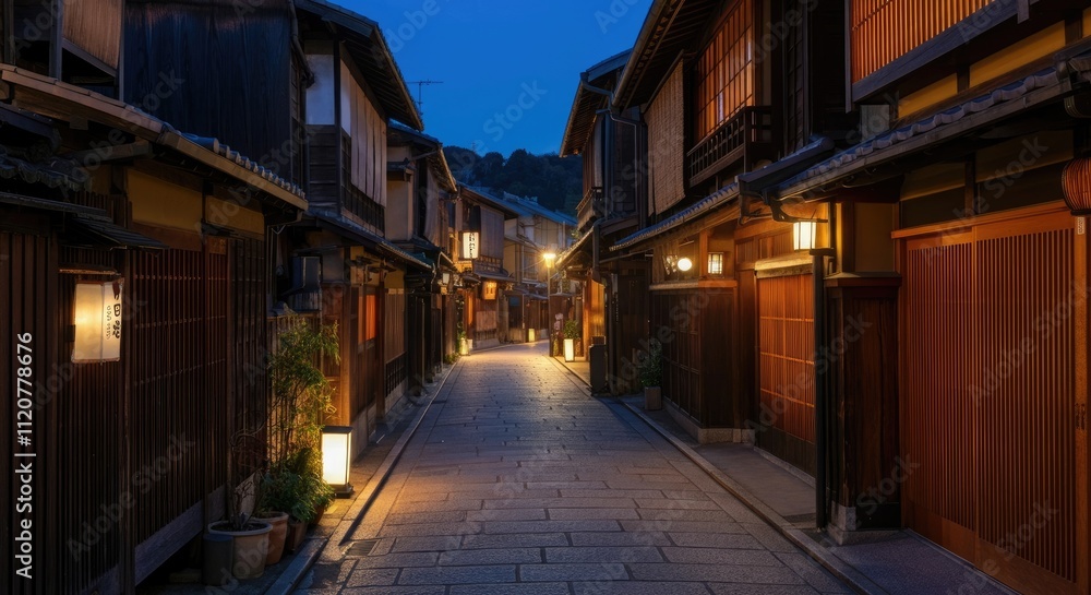 Quaint, dimly-lit street in Japan with traditional wooden houses at dusk Quaint, dimly-lit street in Japan with traditional wooden houses at dusk