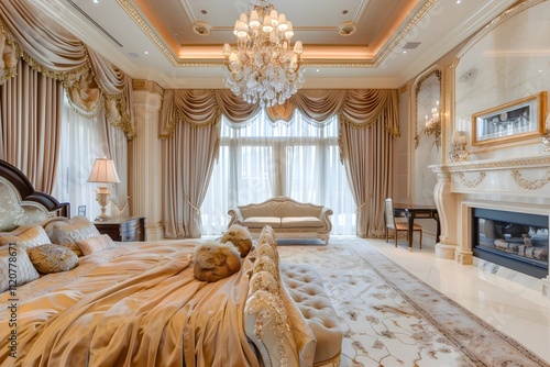 interior architecture bedroom design, Luxurious Bedroom Elegance: A Spacious Room with Silk Drapes and a Crystal Chandelier
