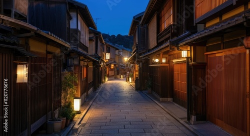 Quaint, dimly-lit street in Japan with traditional wooden houses at dusk