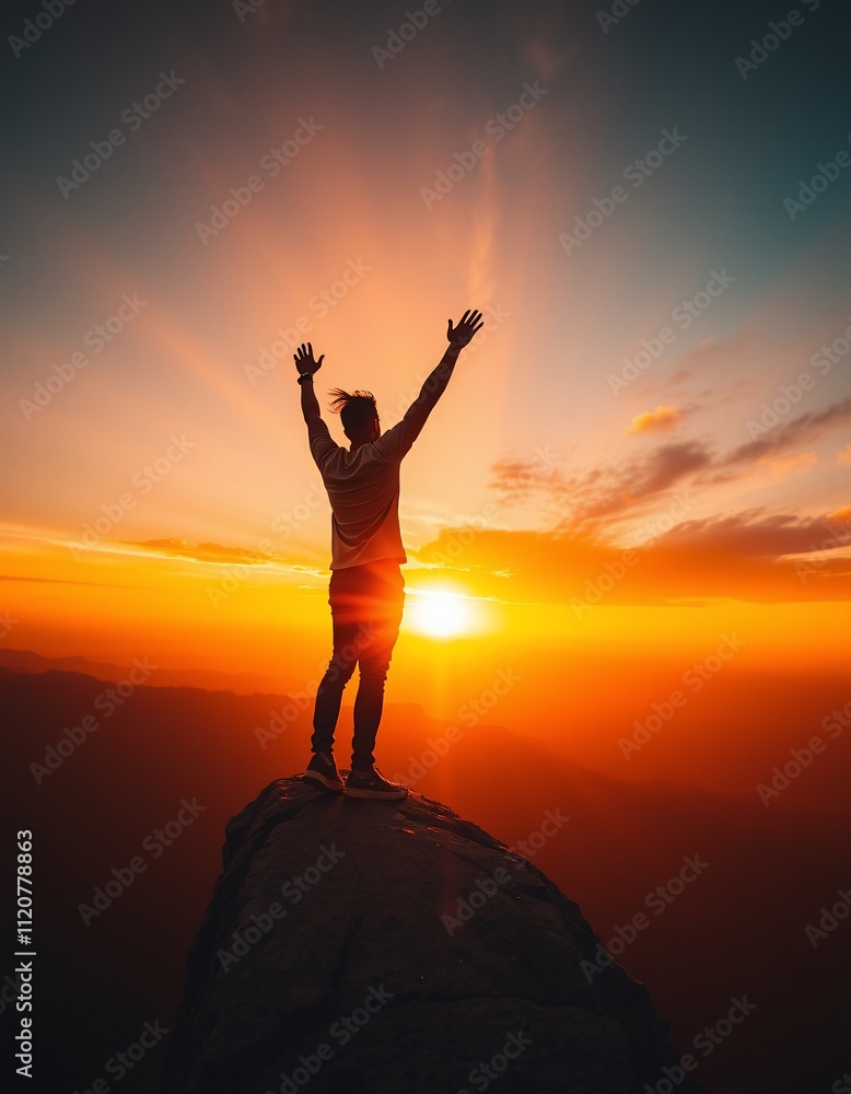 Silhouetted man celebrates sunset victory atop mountain peak. Silhouetted man celebrates sunset victory atop mountain peak.