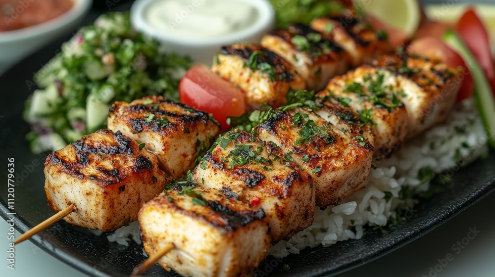Vivid Mediterranean style fish and grilled meat skewers, paired with fresh herbs and spices, accompanied by fresh salad and Tahini sauce. Colorful and enticing dishes showcase the essence of cuisine. Vivid Mediterranean style fish and grilled meat skewers, paired with fresh herbs and spices, accompanied by fresh salad and Tahini sauce. Colorful and enticing dishes showcase the essence of cuisine.