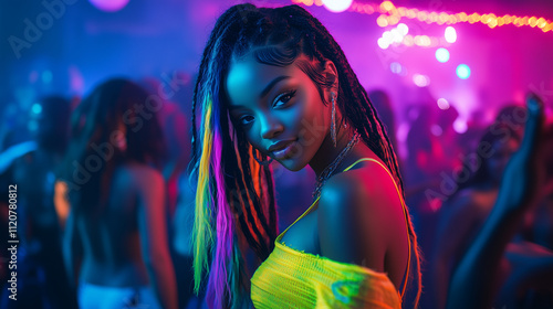 African American pretty woman dancing at party at night club